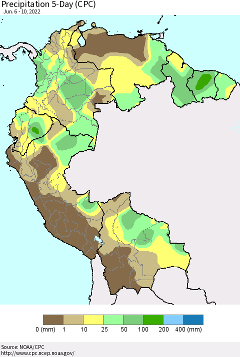 Northern South America Precipitation 5-Day (CPC) Thematic Map For 6/6/2022 - 6/10/2022