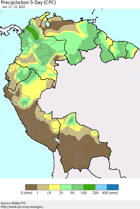 Northern South America Precipitation 5-Day (CPC) Thematic Map For 6/11/2022 - 6/15/2022