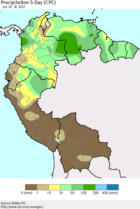 Northern South America Precipitation 5-Day (CPC) Thematic Map For 6/26/2022 - 6/30/2022