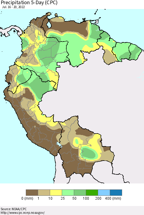 Northern South America Precipitation 5-Day (CPC) Thematic Map For 7/16/2022 - 7/20/2022