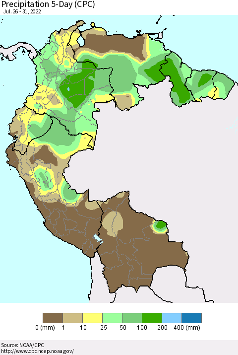 Northern South America Precipitation 5-Day (CPC) Thematic Map For 7/26/2022 - 7/31/2022