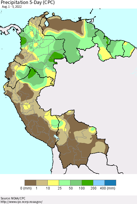 Northern South America Precipitation 5-Day (CPC) Thematic Map For 8/1/2022 - 8/5/2022