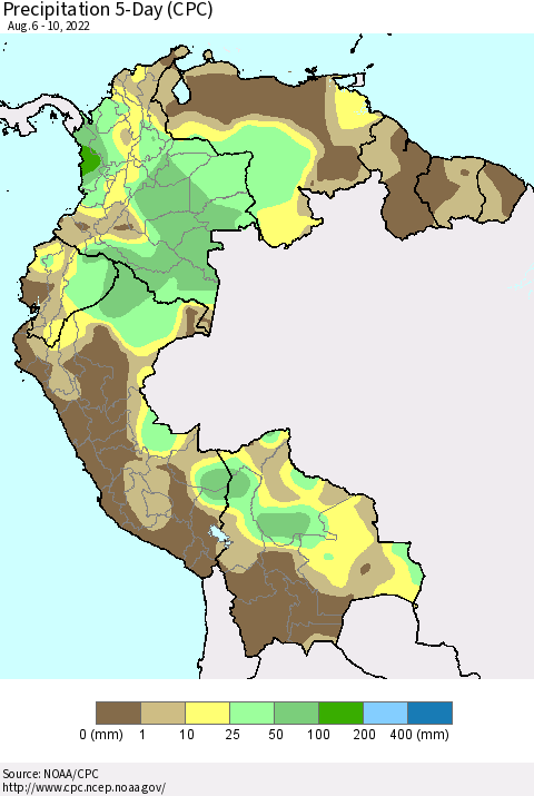 Northern South America Precipitation 5-Day (CPC) Thematic Map For 8/6/2022 - 8/10/2022