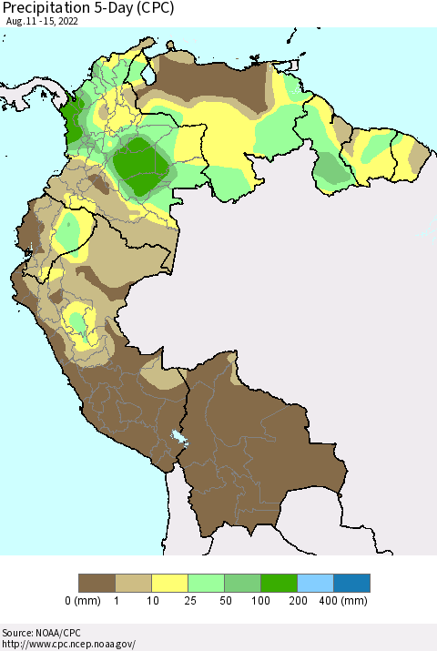 Northern South America Precipitation 5-Day (CPC) Thematic Map For 8/11/2022 - 8/15/2022