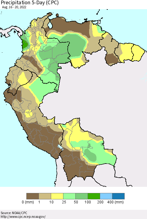 Northern South America Precipitation 5-Day (CPC) Thematic Map For 8/16/2022 - 8/20/2022