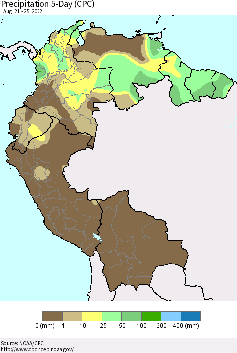 Northern South America Precipitation 5-Day (CPC) Thematic Map For 8/21/2022 - 8/25/2022