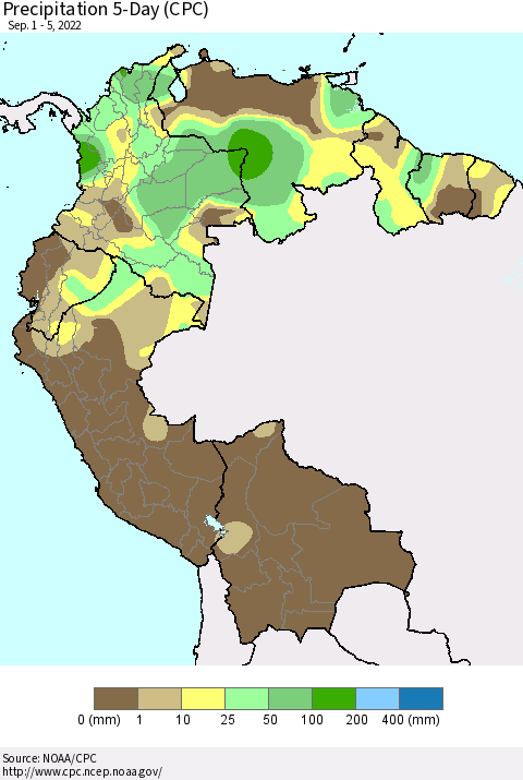 Northern South America Precipitation 5-Day (CPC) Thematic Map For 9/1/2022 - 9/5/2022