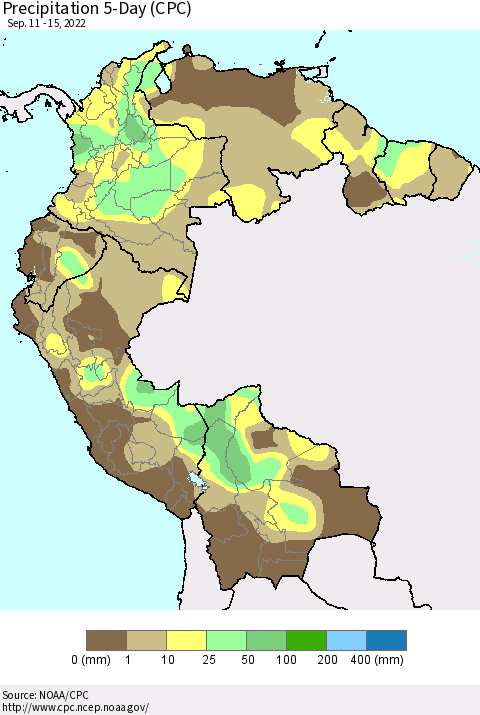 Northern South America Precipitation 5-Day (CPC) Thematic Map For 9/11/2022 - 9/15/2022