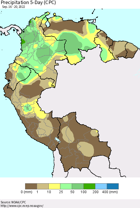 Northern South America Precipitation 5-Day (CPC) Thematic Map For 9/16/2022 - 9/20/2022