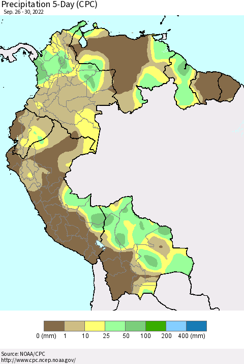 Northern South America Precipitation 5-Day (CPC) Thematic Map For 9/26/2022 - 9/30/2022