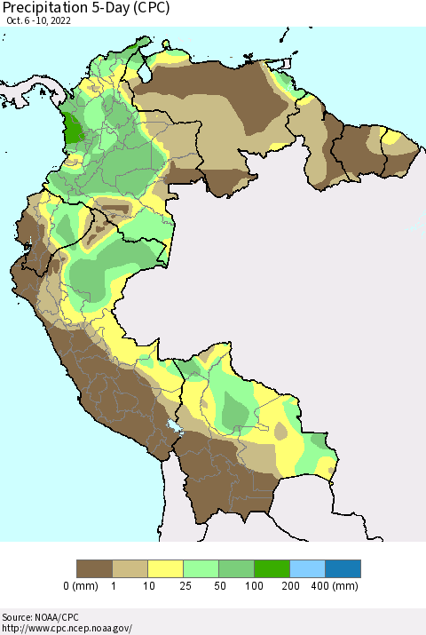 Northern South America Precipitation 5-Day (CPC) Thematic Map For 10/6/2022 - 10/10/2022