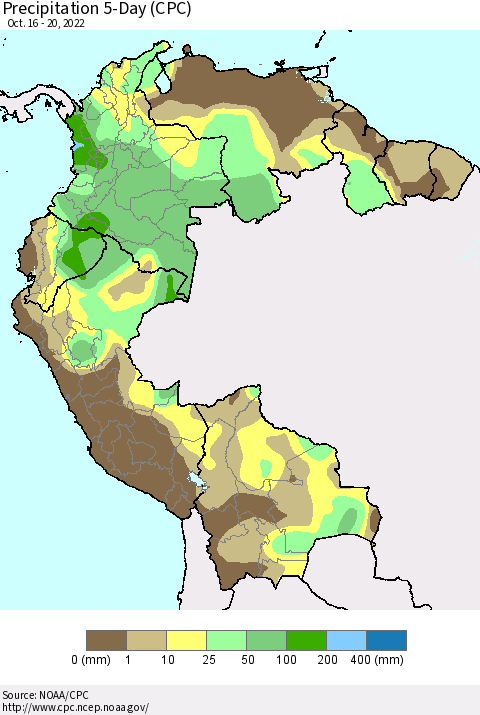 Northern South America Precipitation 5-Day (CPC) Thematic Map For 10/16/2022 - 10/20/2022