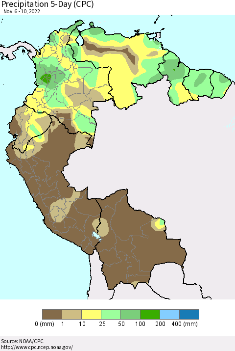 Northern South America Precipitation 5-Day (CPC) Thematic Map For 11/6/2022 - 11/10/2022