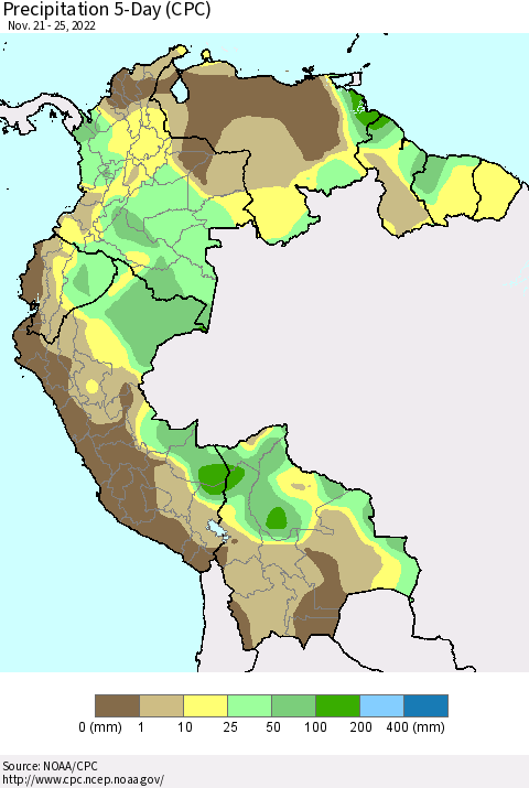 Northern South America Precipitation 5-Day (CPC) Thematic Map For 11/21/2022 - 11/25/2022