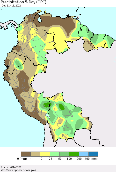 Northern South America Precipitation 5-Day (CPC) Thematic Map For 12/11/2022 - 12/15/2022
