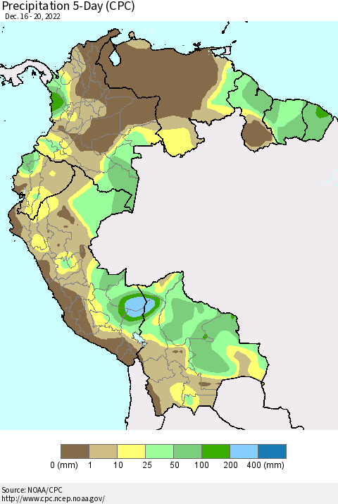 Northern South America Precipitation 5-Day (CPC) Thematic Map For 12/16/2022 - 12/20/2022