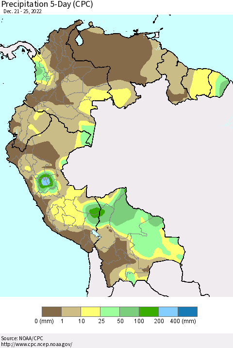 Northern South America Precipitation 5-Day (CPC) Thematic Map For 12/21/2022 - 12/25/2022