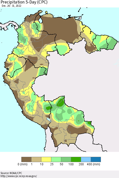 Northern South America Precipitation 5-Day (CPC) Thematic Map For 12/26/2022 - 12/31/2022
