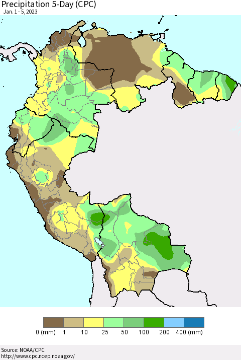 Northern South America Precipitation 5-Day (CPC) Thematic Map For 1/1/2023 - 1/5/2023