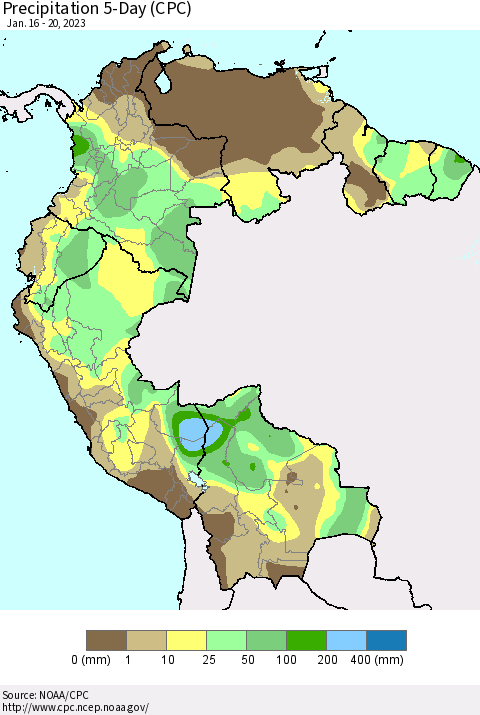 Northern South America Precipitation 5-Day (CPC) Thematic Map For 1/16/2023 - 1/20/2023