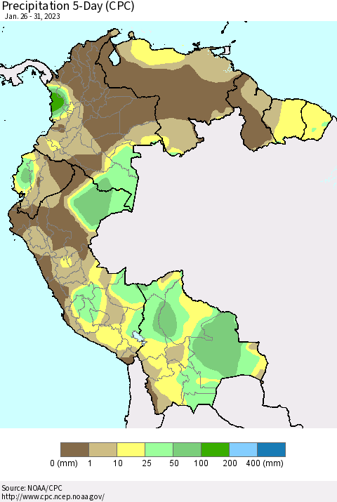 Northern South America Precipitation 5-Day (CPC) Thematic Map For 1/26/2023 - 1/31/2023