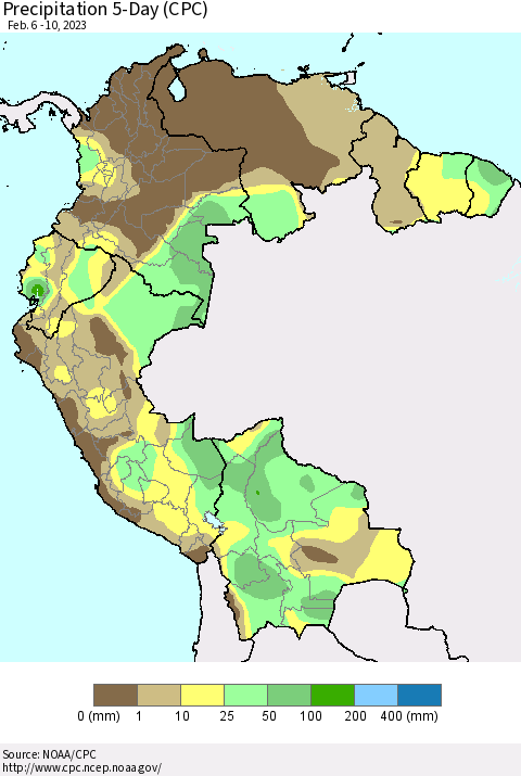 Northern South America Precipitation 5-Day (CPC) Thematic Map For 2/6/2023 - 2/10/2023