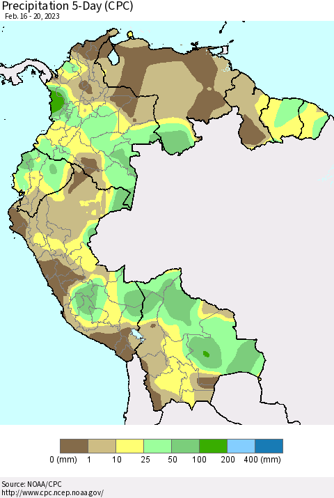 Northern South America Precipitation 5-Day (CPC) Thematic Map For 2/16/2023 - 2/20/2023