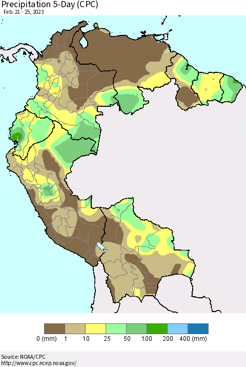 Northern South America Precipitation 5-Day (CPC) Thematic Map For 2/21/2023 - 2/25/2023
