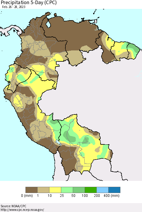 Northern South America Precipitation 5-Day (CPC) Thematic Map For 2/26/2023 - 2/28/2023