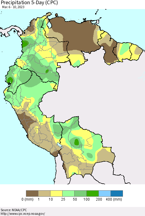 Northern South America Precipitation 5-Day (CPC) Thematic Map For 3/6/2023 - 3/10/2023