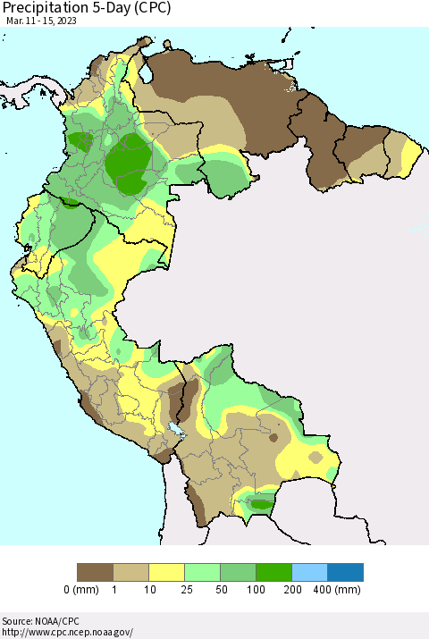 Northern South America Precipitation 5-Day (CPC) Thematic Map For 3/11/2023 - 3/15/2023