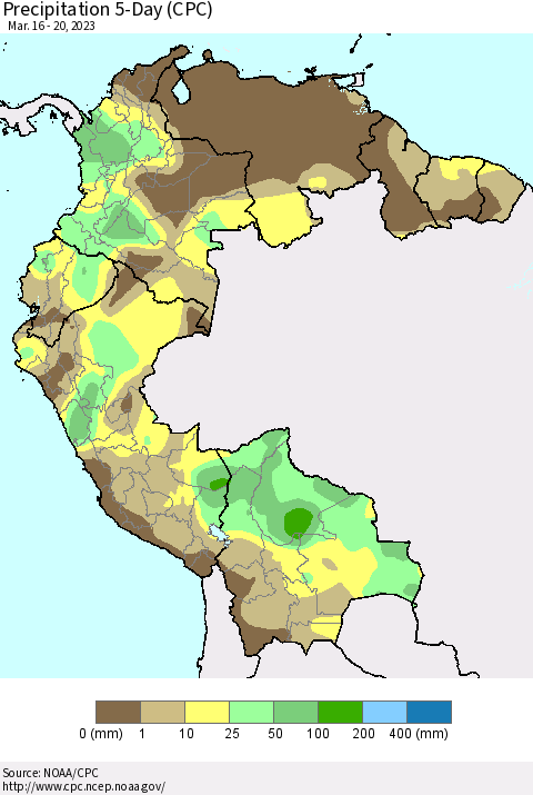 Northern South America Precipitation 5-Day (CPC) Thematic Map For 3/16/2023 - 3/20/2023