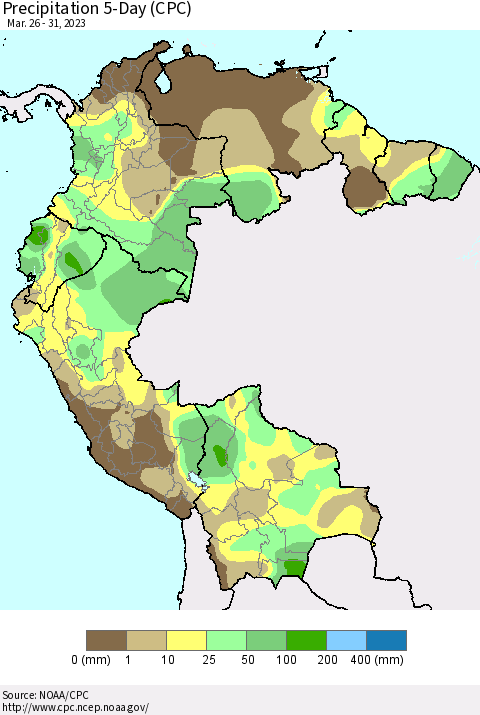 Northern South America Precipitation 5-Day (CPC) Thematic Map For 3/26/2023 - 3/31/2023