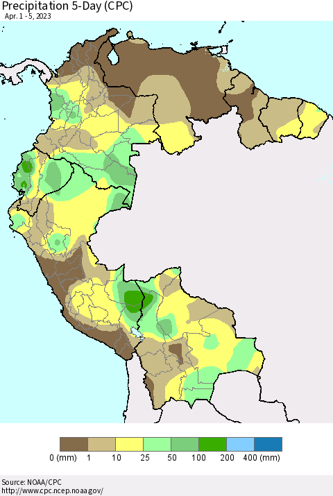 Northern South America Precipitation 5-Day (CPC) Thematic Map For 4/1/2023 - 4/5/2023