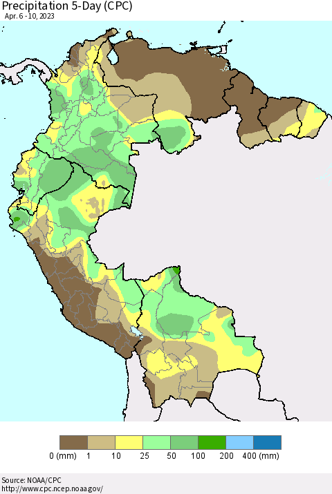 Northern South America Precipitation 5-Day (CPC) Thematic Map For 4/6/2023 - 4/10/2023