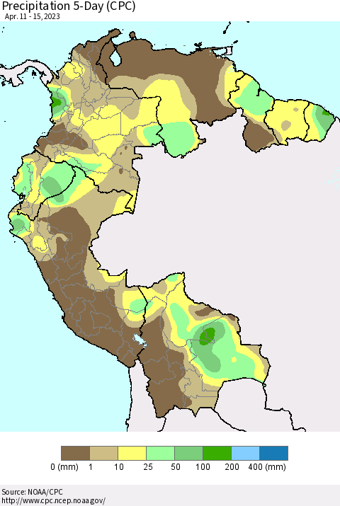 Northern South America Precipitation 5-Day (CPC) Thematic Map For 4/11/2023 - 4/15/2023