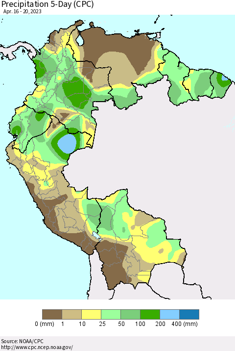 Northern South America Precipitation 5-Day (CPC) Thematic Map For 4/16/2023 - 4/20/2023