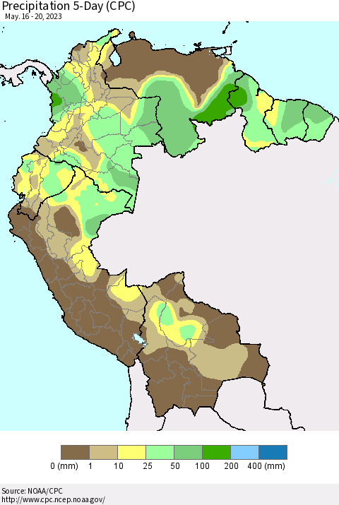 Northern South America Precipitation 5-Day (CPC) Thematic Map For 5/16/2023 - 5/20/2023