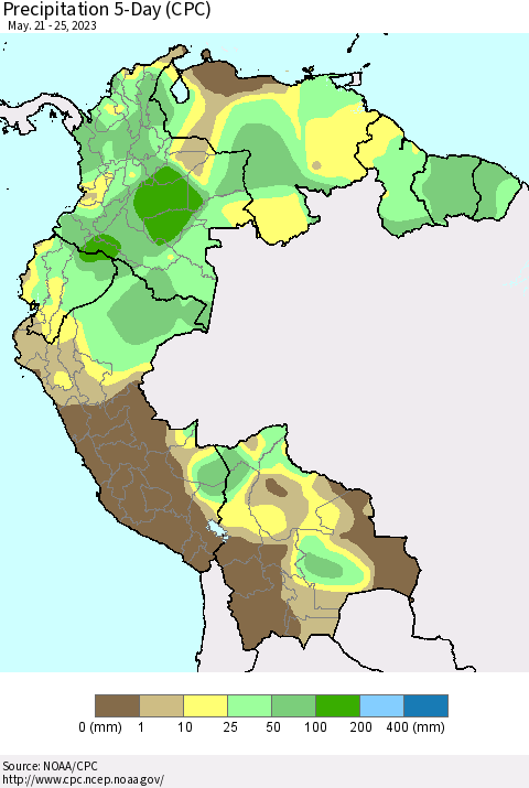 Northern South America Precipitation 5-Day (CPC) Thematic Map For 5/21/2023 - 5/25/2023