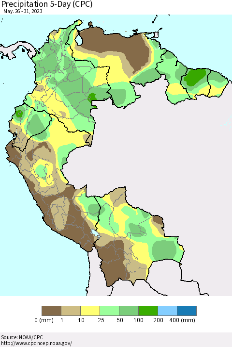 Northern South America Precipitation 5-Day (CPC) Thematic Map For 5/26/2023 - 5/31/2023