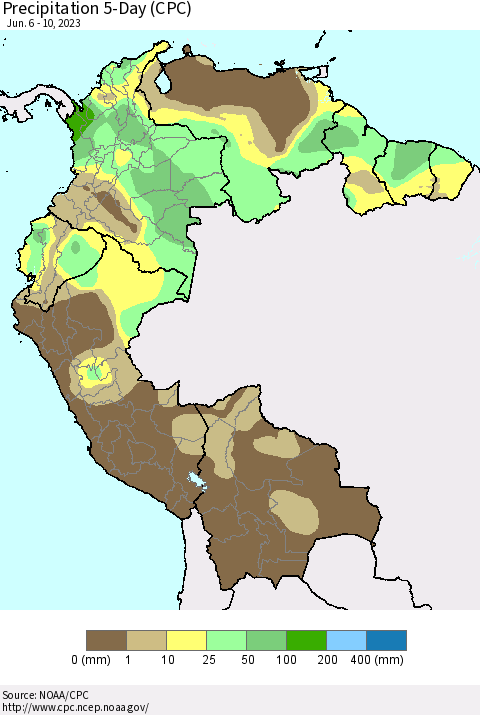 Northern South America Precipitation 5-Day (CPC) Thematic Map For 6/6/2023 - 6/10/2023