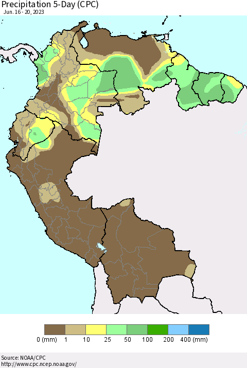 Northern South America Precipitation 5-Day (CPC) Thematic Map For 6/16/2023 - 6/20/2023