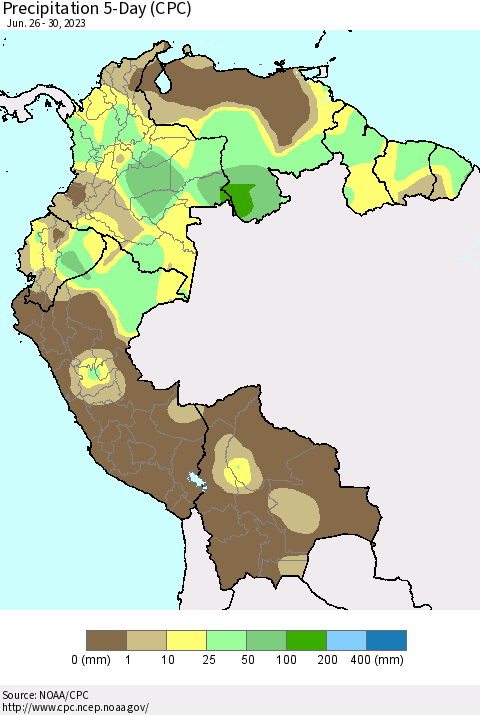 Northern South America Precipitation 5-Day (CPC) Thematic Map For 6/26/2023 - 6/30/2023