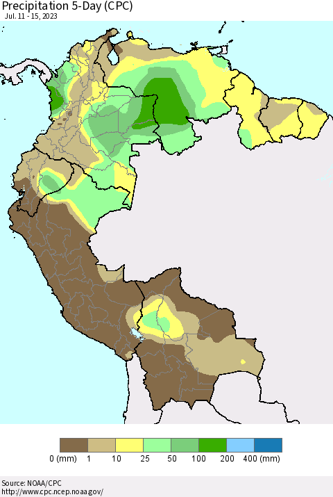 Northern South America Precipitation 5-Day (CPC) Thematic Map For 7/11/2023 - 7/15/2023
