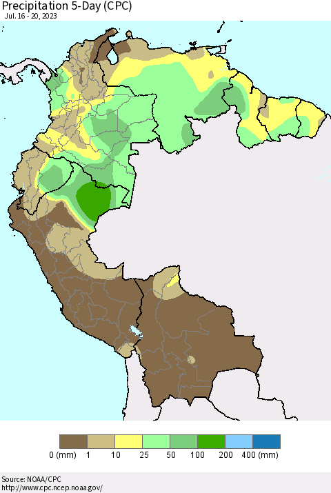 Northern South America Precipitation 5-Day (CPC) Thematic Map For 7/16/2023 - 7/20/2023