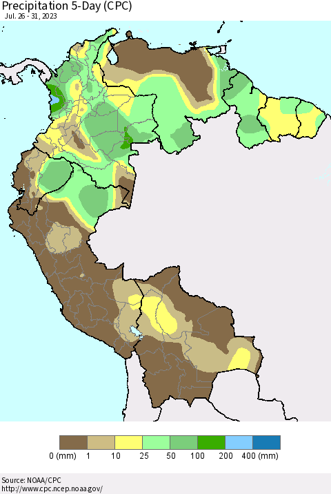 Northern South America Precipitation 5-Day (CPC) Thematic Map For 7/26/2023 - 7/31/2023