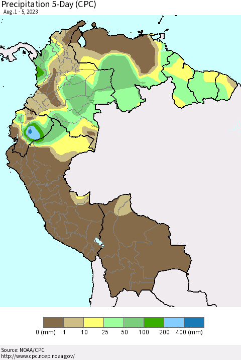 Northern South America Precipitation 5-Day (CPC) Thematic Map For 8/1/2023 - 8/5/2023