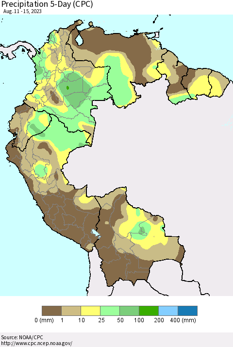 Northern South America Precipitation 5-Day (CPC) Thematic Map For 8/11/2023 - 8/15/2023