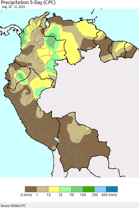 Northern South America Precipitation 5-Day (CPC) Thematic Map For 8/26/2023 - 8/31/2023