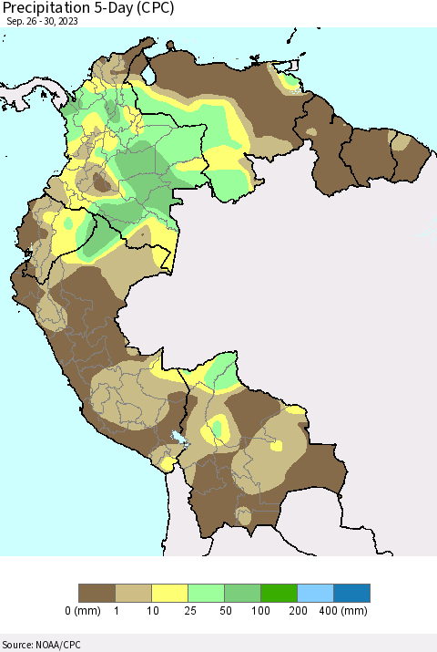 Northern South America Precipitation 5-Day (CPC) Thematic Map For 9/26/2023 - 9/30/2023